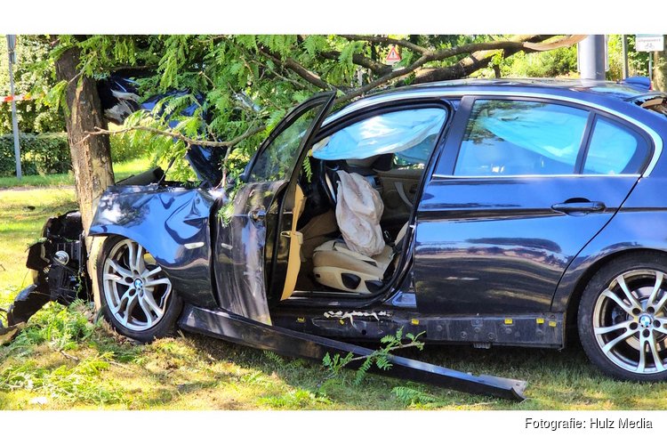 BMW raakt middengeleider, verkeersbord, boom en lantaarnpaal in Elspeet; bestuurder met spoed naar ziekenhuis
